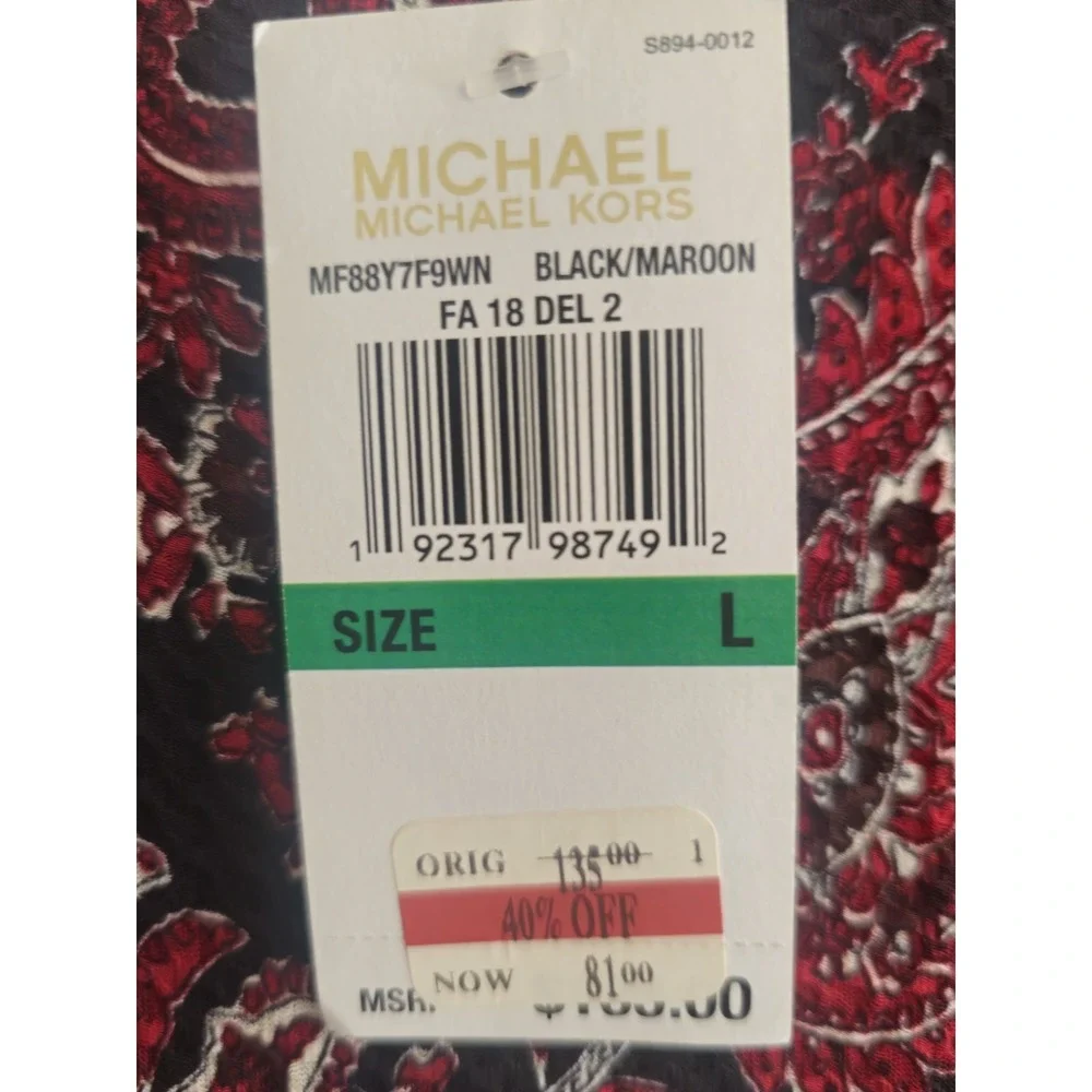 NWT Michael Michael Kors Black Maroon Paisley Faux Wrap Ruffle Sleeves Dress L - Picture 6 of 6